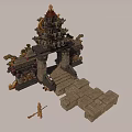 Cartoon Scene of Ancient Stone Gate with Dragon Ornaments and Spear Holding Character