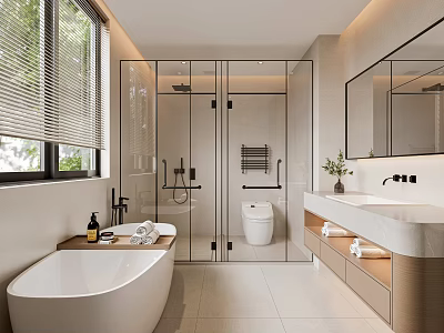 Modern Bathroom Interior Design With Free Standing Bathtub Glass Shower And Vanity Mirror 3d model