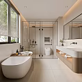 Modern Bathroom Interior Design With Free Standing Bathtub Glass Shower And Vanity Mirror