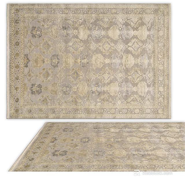 Classic Square Rug With Intricate Geometric Patterns In Neutral Beige Gray Tones 3d model