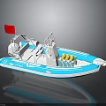 Blue and White Inflatable Boat Featuring Red Flag Yellow Gear Transparent Windscreen for Water Transport