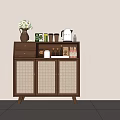 Brown Wooden Sideboard With Rattan Weave Doors Drawer And Decorative Items On Top