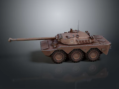 Brown Military Tank With Six Wheels Long Barrel And Top Antenna 3d model