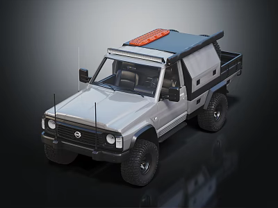 Silver Pickup Truck With Roof Rack Orange Warning Light Off Road Tires And Cargo Bed 3d model