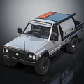 Silver Pickup Truck With Roof Rack Orange Warning Light Off Road Tires And Cargo Bed