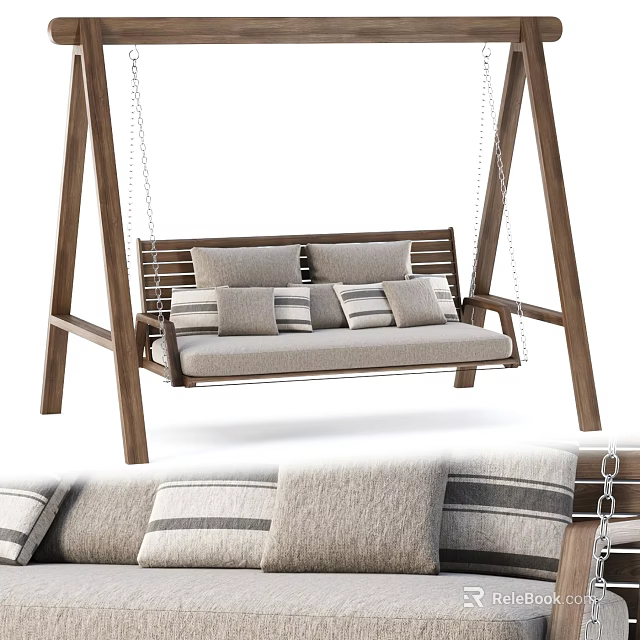 Comfortable Wooden Swing Chair With Soft Striped Cushions And Sturdy Frame 3d model 