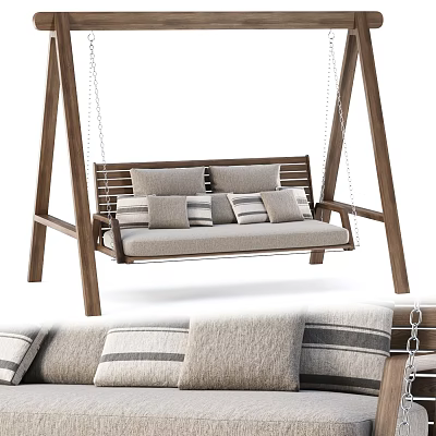 Comfortable Wooden Swing Chair With Soft Striped Cushions And Sturdy Frame 3d model