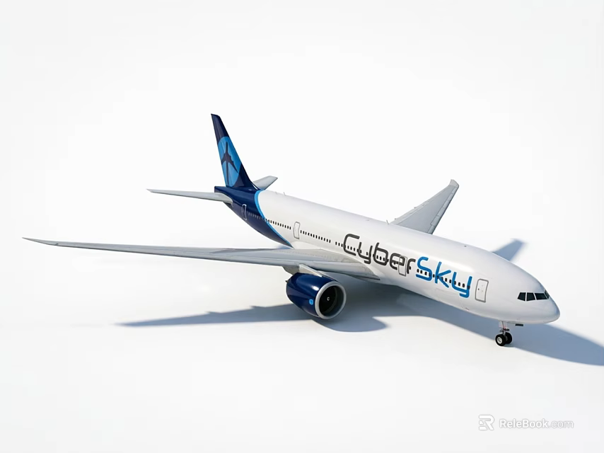 White And Blue Passenger Plane With CyberSky Branding And Tail Design 3d model 