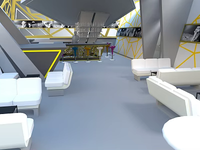Sci Fi Futuristic Interior With White Sofas Geometric Yellow Lines Gray Floor And Bar Counter 3d model