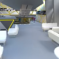 Sci Fi Futuristic Interior With White Sofas Geometric Yellow Lines Gray Floor And Bar Counter