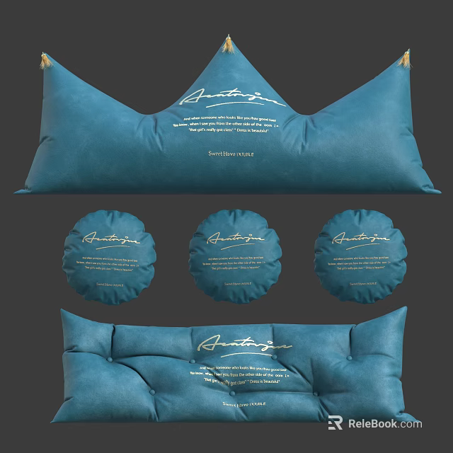 Blue Decorative Pillows With Elegant Script Text In Rectangular And Round Designs For Home Decor 3d model