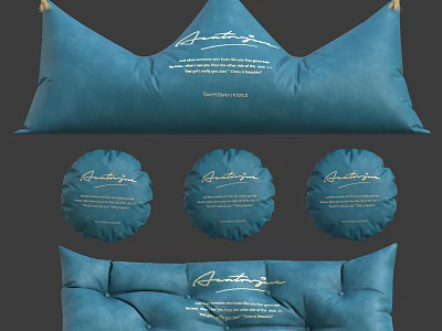 Blue Decorative Pillows With Elegant Script Text In Rectangular And Round Designs For Home Decor 3d model