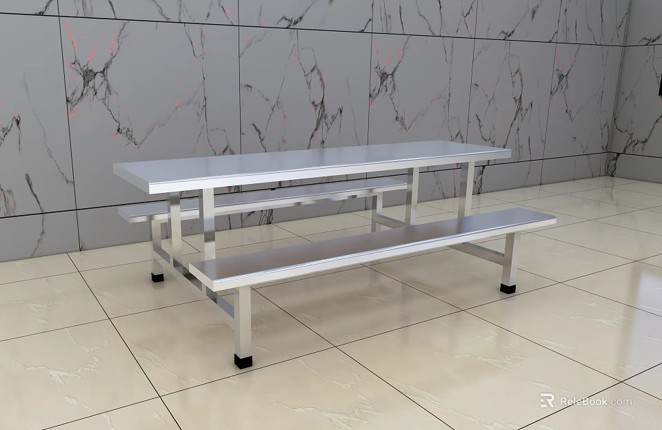 Commercial Kitchen Setup With Stainless Steel Table Bench And Marble Wall Tile Floor 3d model 
