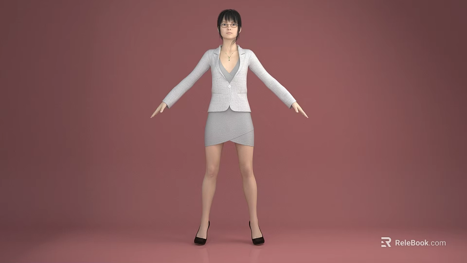 Woman In White Blazer And Gray Dress With Black High Heels Arms Outstretched Against Pink Background 3d model 