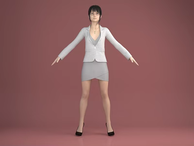 Woman In White Blazer And Gray Dress With Black High Heels Arms Outstretched Against Pink Background 3d model