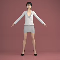Woman In White Blazer And Gray Dress With Black High Heels Arms Outstretched Against Pink Background