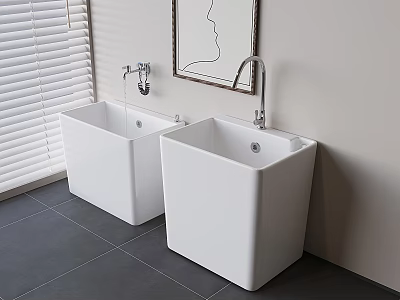 Modern Bathroom Accessories With White Square Ceramic Wash Basins And Faucets 3d model