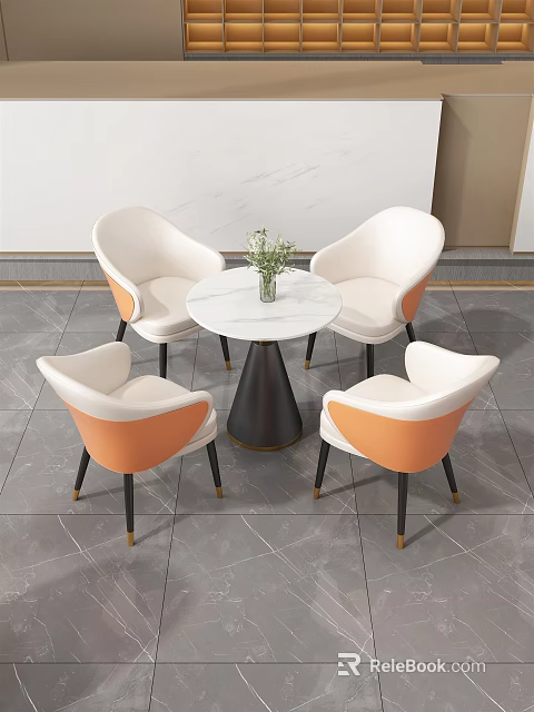 Modern Round Marble Table with Black Conical Base and Four White Orange Chairs 3d model