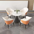 Modern Round Marble Table with Black Conical Base and Four White Orange Chairs 3d model