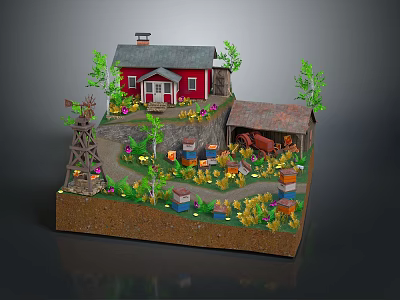 Cartoon Countryside Scene With Red House Barn Windmill Flowers And Wooden Crates 3d model