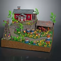 Cartoon Countryside Scene With Red House Barn Windmill Flowers And Wooden Crates