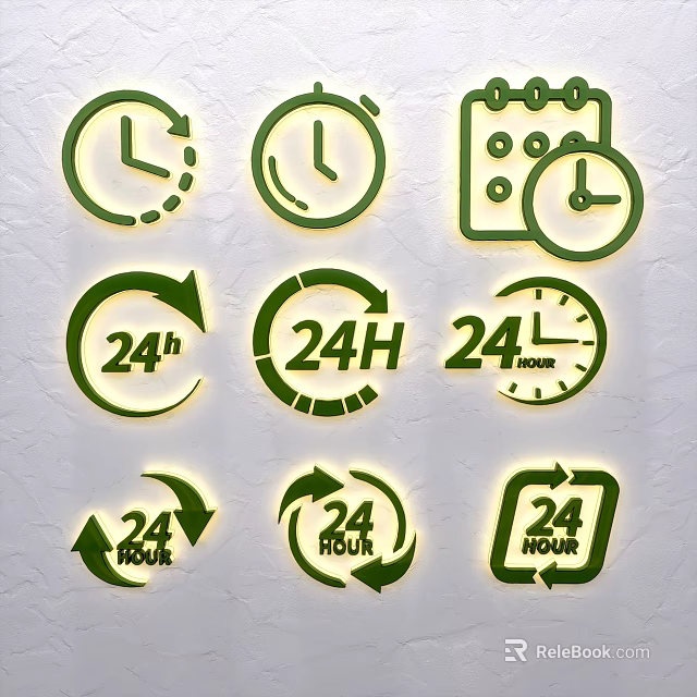 Green Decorative Ornament Set Featuring Clock Calendar 24 Hour Arrows Design 3d model 