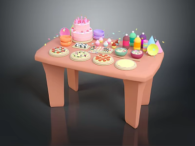 Colorful Birthday Party Food Spread With Cake Cookies Pizza And Drinks 3d model