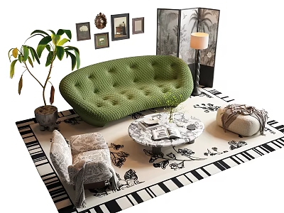 Green Tufted Sofa and Round Coffee Table Set with Black White Rug Decorative Paintings and Plant 3d model