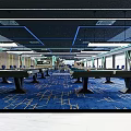 Indoor Sports Fitness Room With Blue Carpet Wooden Wall Blue Chairs And Green Billiard Table