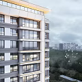 Modern High Rise Residential Building Exterior With Glass Windows And Green Trees