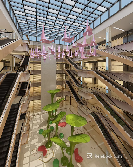 Mall Atrium With Multi Level Structure Escalators Pink Decorative Pendant Lights And Green Plant Sculptures 3d model 