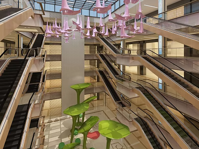 Mall Atrium With Multi Level Structure Escalators Pink Decorative Pendant Lights And Green Plant Sculptures 3d model