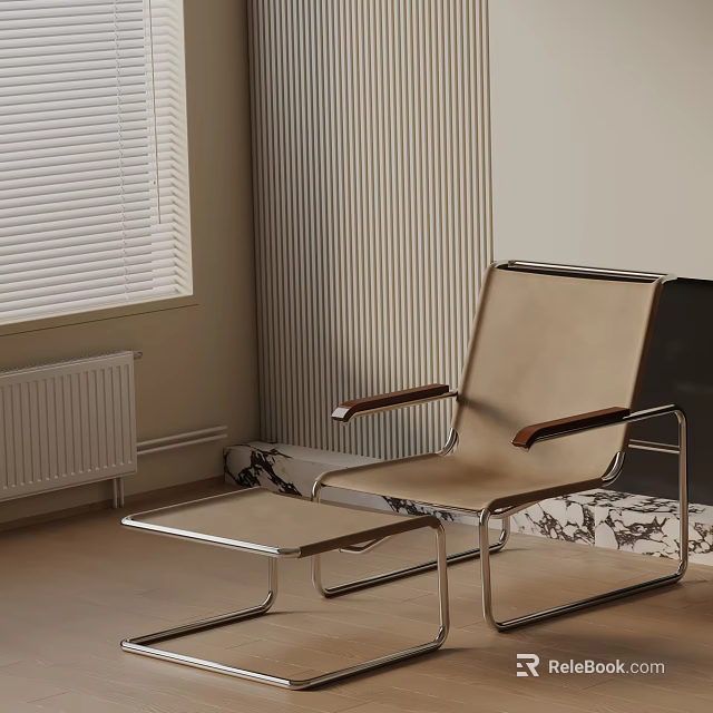 Leisure Chair With Metal Frame And Leather Seat By Window With Blinds And Side Table 3d model 