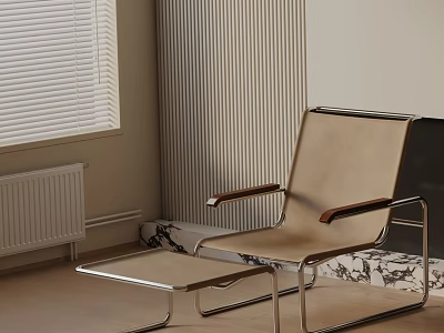 Leisure Chair With Metal Frame And Leather Seat By Window With Blinds And Side Table 3d model