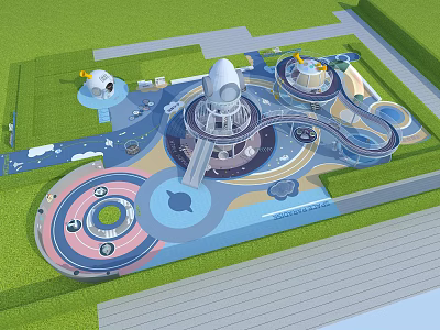 Children's Play Area With Circular Climbing Structures Slides Colorful Flooring And Safe Lawn Design 3d model