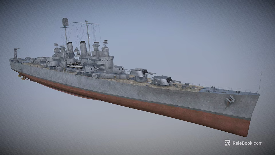 Gray Hull Naval Warship With Deck Turrets Cannons And Rusty Bottom Structure 3d model
