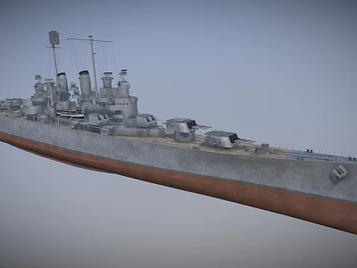 Gray Hull Naval Warship With Deck Turrets Cannons And Rusty Bottom Structure 3d model