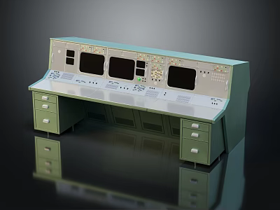 Light Green Industrial Control Console With Multiple Screens Buttons And Drawers 3d model