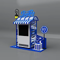 Blue Parking Booth With PARK Sign Striped Awning Digital Screen Street Lamp And Trash Bin