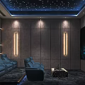 Home Theater Room Interior With Starry Ceiling Gray Walls Blue Sofas And Large Screen 3d model