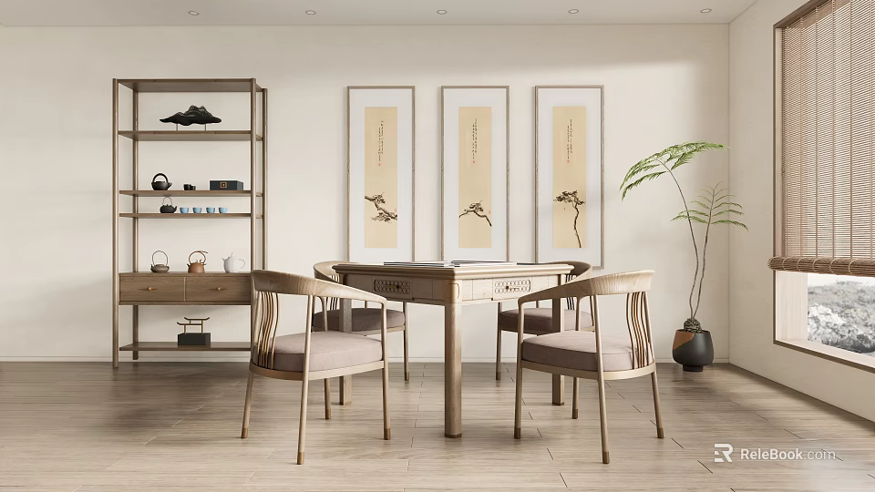 Traditional Hotel Mahjong Room Interior With Wooden Table Chairs Calligraphy Paintings And Potted Plant 3d model 