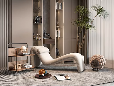 Lazy Sofa in Modern Living Room with Bookshelves Palm Plant Trolley Cart and Soft Rug 3d model
