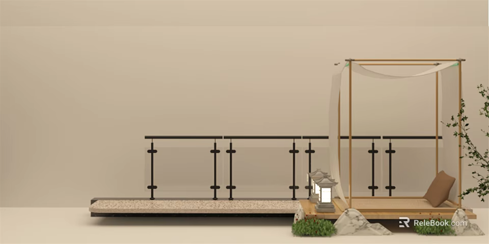 Black Metal Decorative Fence On Patio Platform With Lantern And Rock Garden 3d model 