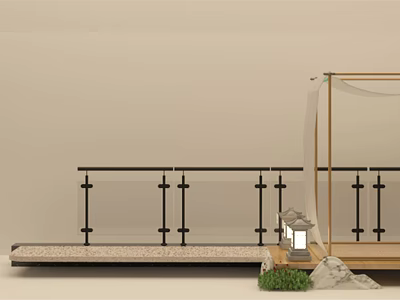 Black Metal Decorative Fence On Patio Platform With Lantern And Rock Garden 3d model