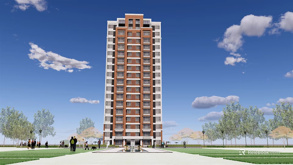 Modern High Rise Residential Building Exterior With Green Area And People 3d model 