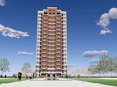 Modern High Rise Residential Building Exterior With Green Area And People 3d model