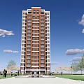Modern High Rise Residential Building Exterior With Green Area And People