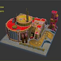 3D Architectural Model Circular Building with Yellow Red Exterior Antennas Adjacent Tower and Platform Base