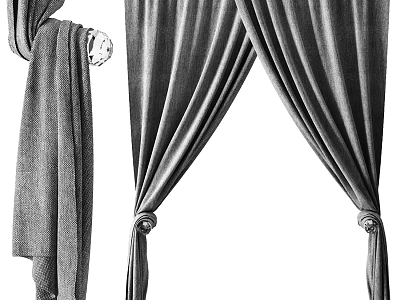 Soft Gray Velvet Curtains With Elegant Pleated Design And Decorative Tiebacks 3d model