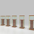 Multiple Glass Display Shelving Units with Gold Frames and Wooden Bases 3d model